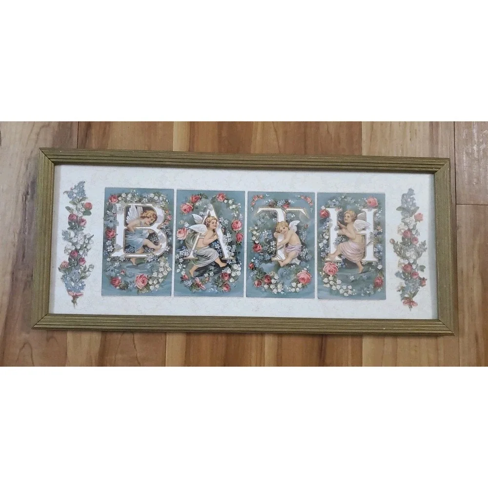 Vintage Cherub Roses Bath Art Gold Tone Framed Wall Decor 21 X 9